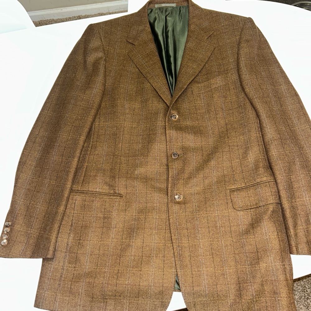 Mens Ermengildo Zenga Brown and tan plaid wool and cashmere tweed blazer size 56